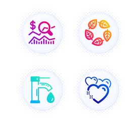 Tap water, Check investment and Organic tested icons simple set. Button with halftone dots. Heart sign. Faucet, Business report, Bio ingredients. Love. Business set. Vector