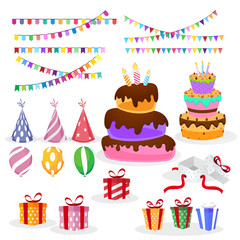 Set of cartoon birthday party Colorful celebration background.