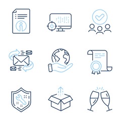 Technical info, Seo and Spanner line icons set. Diploma certificate, save planet, group of people. Send box, E-mail and Champagne glasses signs. Documentation, Search engine, Repair service. Vector