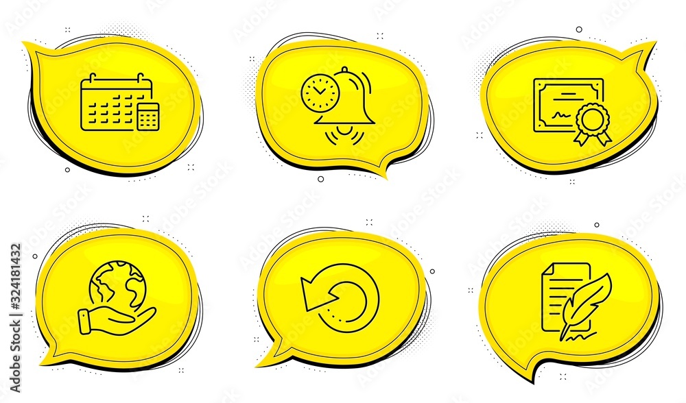 Poster time management sign. diploma certificate, save planet chat bubbles. recovery data, calendar and fea