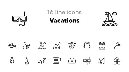 Vacations line icon set. Set of line icons on white background. Fishing, flippers, aqualung. Holiday concept. Vector illustration can be used for topics like travel, trip, tourism © SurfupVector