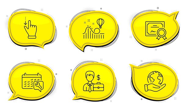 Touchscreen gesture sign. Diploma certificate, save planet chat bubbles. Roller coaster, Spanner and Businessman case line icons set. Attraction park, Repair service, Human resources. Vector