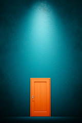 The orange door with the blue wall.
