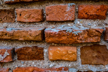 Red old brick wall as texture rock grungy rough rustic stone background