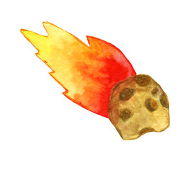 A burning meteorite flies from space. Children's watercolor illustration on a white background. © alexlaz
