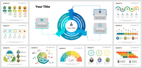 Colorful strategy or logistics concept infographic charts set. Business design elements for presentation slide templates. Can be used for financial report, workflow layout and brochure design.