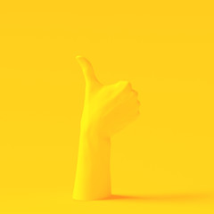 Thumb up yellow hand gesture isolated yellow, yes like sculpture creative concept, 3d rendering