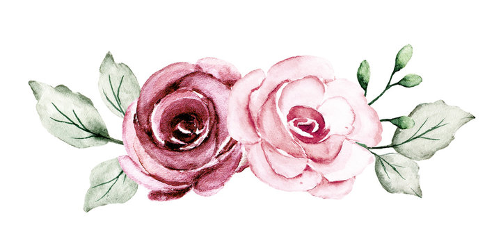 Watercolor pink flowers, roses floral clip art. Bouquet perfectly for printing design on invitations, cards, wall art and other. Isolated on white background. Hand drawing. 