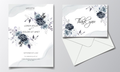 Elegant gray floral wedding invitation card template with silver leaves and watercolor frame