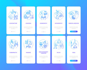 Alternative healing onboarding mobile app page screen with concepts set. Different complementary therapies walkthrough five steps graphic instructions. UI vector template with RGB color illustrations