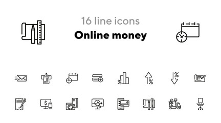 Online money line icon set. Percentage, interest, smartphone, credit card. Business concept. Can be used for topics like finance, loan, startup