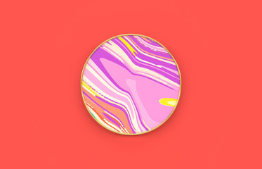Empty circle plate with colorful marble and gold texture. Beauty fashion backdrop for product display. 3d render. 