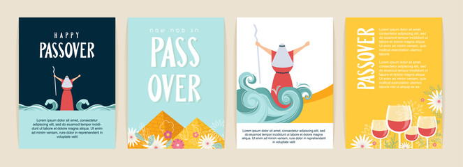 Passover greeting card set. Seder pesach invitation, greeting card template or holiday flyers. Moses separate sea for passover holiday, flat design vector set - 324185492
