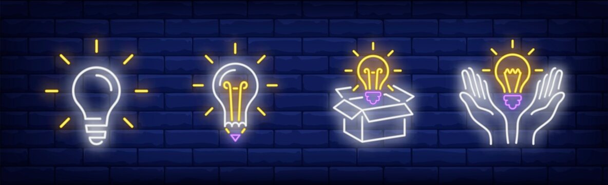 Lightbulbs neon sign set. Bulb, lamp, box, hands. Vector illustration in neon style, bright banner for topics like illumination, inspiration, idea