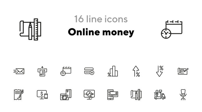 Online money line icon set. Percentage, interest, smartphone, credit card. Business concept. Can be used for topics like finance, loan, startup