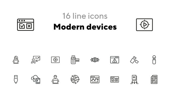 Modern devices icons. Set of line icons on white background. Web site, telephone, global. Technology concept. Vector illustration can be used for topics like progress, internet, worldwide