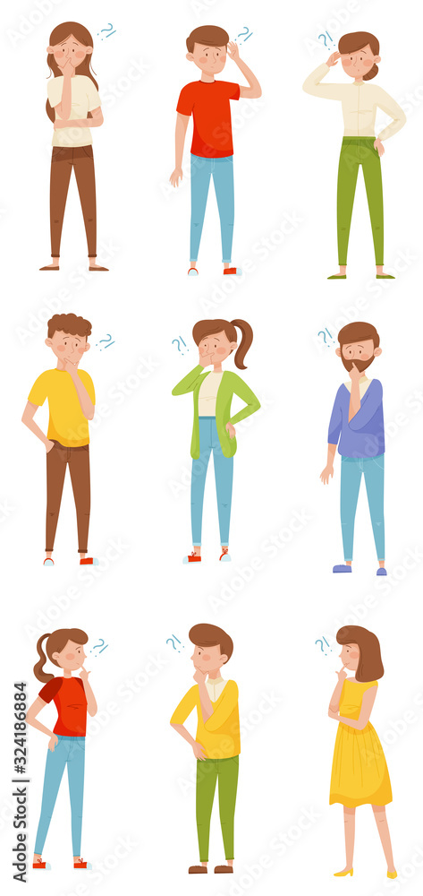 Poster people characters standing with thoughtful expression on their faces and question marks vector illus