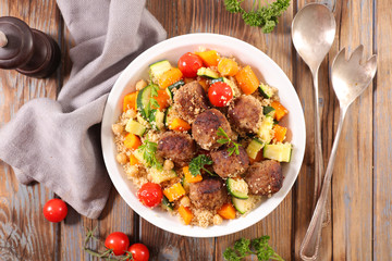 couscous, vegetable and meatball in plate