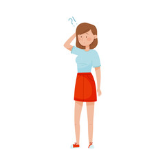 Young Woman Standing with Thoughtful Expression on Her Face and Question Mark Vector Illustration