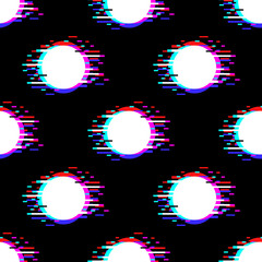 Seamless vector pattern with polka dot ornament with glitch effect in black background. Stock illustration for web, print, backgrounds and wallpaper