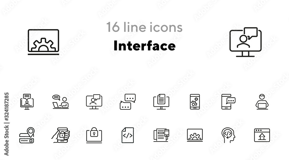 Poster interface line icon set. home page, locked smartphone, messenger. communication concept. can be used