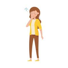 Thoughtful Woman Standing Touching Her Chin and Question Mark Vector Illustration