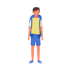 Young Boy Standing with Backpack Going to Camp Trip Vector Illustration