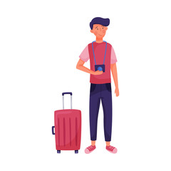 Traveling Dark-haired Young Man Standing Near Suitcase Holding Camera Vector Illustration