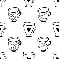 Obraz premium Tea and coffee mugs. Seamless pattern. Black and white illustration for coloring book