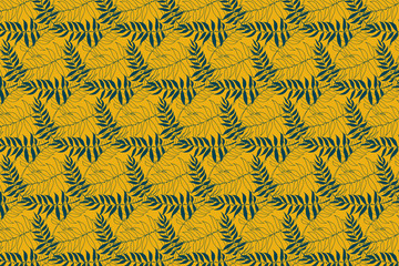 Floral yellow background. Leaves pattern. Blue leaves.