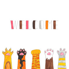 White greeting card with cat paw. Watercolor cat's paw pattern