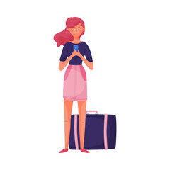 Young Traveling Woman Standing Beside Her Luggage and Holding Mobile Phone Vector Illustration