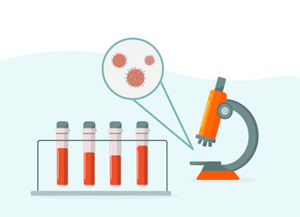 Wuhan coronavirus COVID-19, 2019-nCoV. Laboratory test tubes with blood, microscope and virus for experiment in a science research lab.  Creation of vaccine. Copy space. 