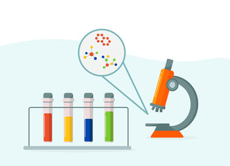 Laboratory test tubes with colorful liquid reagents, microscope and molecules for experiment in a science research lab. Copy space. Vector