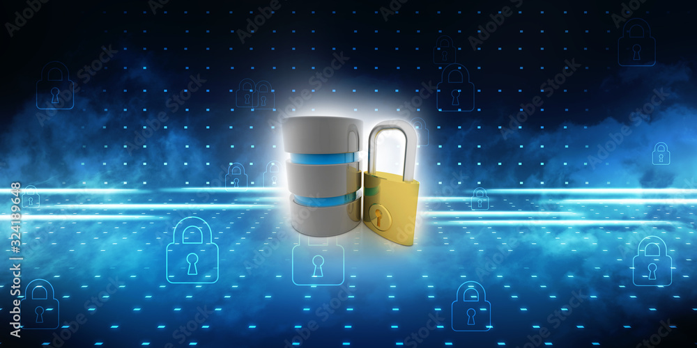 Poster 3d illustration database storage security concept. disk with lock