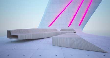 Abstract architectural concrete interior of a minimalist house with colored neon lighting. 3D illustration and rendering.