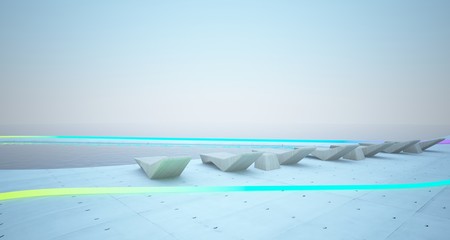 Abstract architectural concrete interior of a minimalist house with colored neon lighting. 3D illustration and rendering.