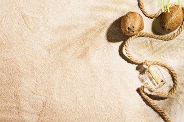 Background with sandy beach, top view. Summer accessories concept