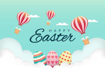 Naklejka premium Happy Easter with blimps and eggs on clouds