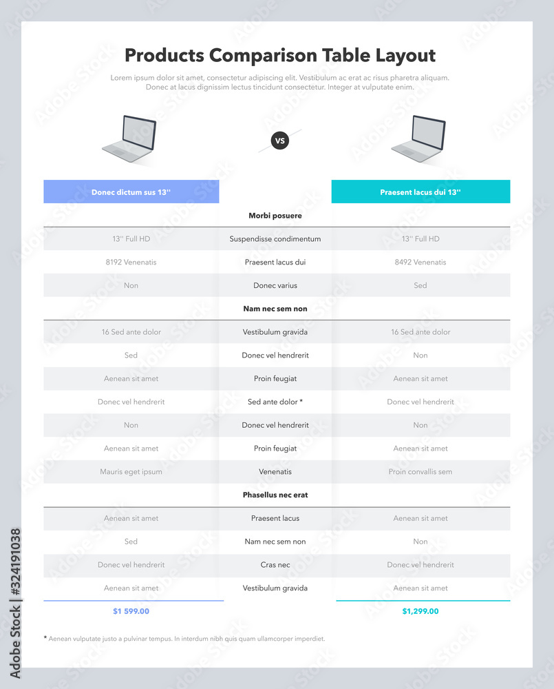 Poster Two products comparison table layout with place for description. Modern flat infographic design template for website or presentation.