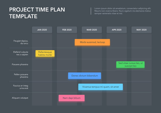 Modern business project time plan template with project tasks in time intervals - dark version. Easy to use for your website or presentation.