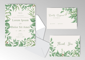 Vintage Wedding Invitation Cards Template with Greenery Leaves