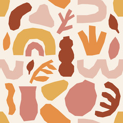 Cute trendy motley seamless pattern with abstract nature elements shape blots on white background, vector illustration in simple flat style