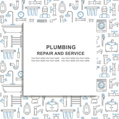 Seamless pattern with line style plumbing icons, place for text. Thin line flyer for plumbing service. Bathroom background with outline black icons on white.