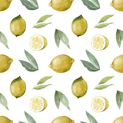 Seamless pattern with lemons and leaves isolated on white background. Watercolor summer illustration. Texture for fabrics, wrapping paper, apparel, clothes, package.
