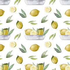 Seamless pattern with lemons and leaves, lemons on ceramic plate isolated on white background. Watercolor summer illustration. Texture for fabrics, wrapping paper, apparel, clothes, package.