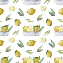 Fototapete Zitronen Nahtloses Muster mit Zitronen und Blättern, Zitronen auf keramischer Platte lokalisiert auf weißem Hintergrund. Aquarell Sommer Abbildung. Textur für Stoffe, Packpapier, Kleidung, Kleidung, Paket.