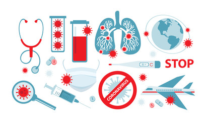 Coronavirus in China. Novel coronavirus 2019-nCoV. Virus quarantine. MERS-Cov middle East respiratory syndrome. Set of different elements on the topic of disease and medicine. Icons for infographics.