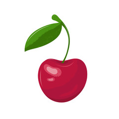 Red cherry in a vector on a white background. Garden berry with a leaf on the stem. Sweet fruit. Berry icon. Hand drawn vector illustration