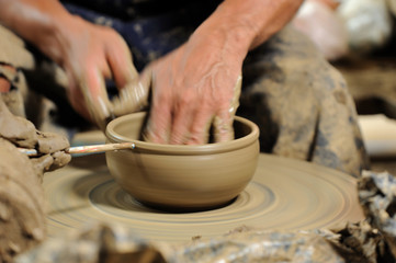 Pottery craft  ceramic clay potter human hand;Thailand 